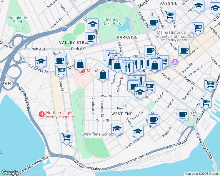 map of restaurants, bars, coffee shops, grocery stores, and more near 130 Neal Street in Portland