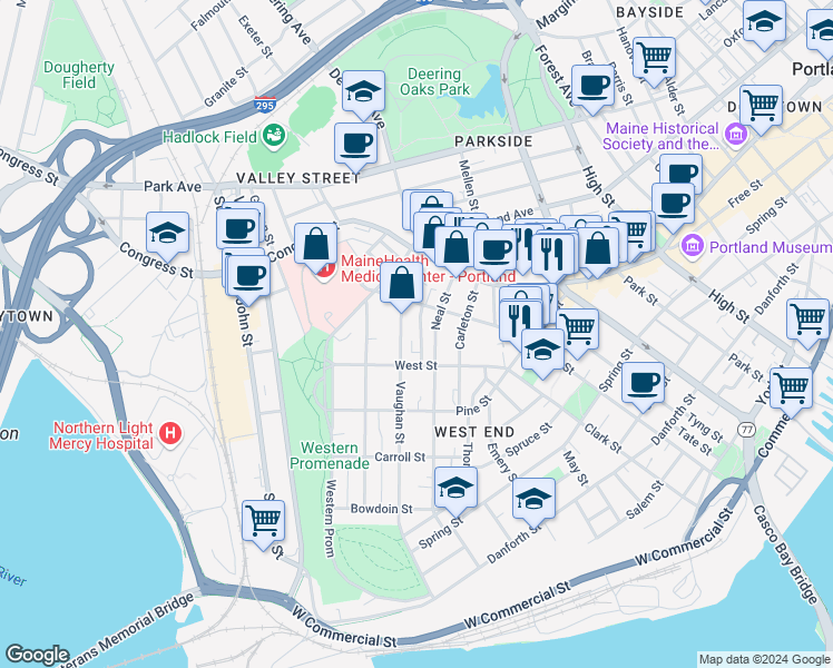 map of restaurants, bars, coffee shops, grocery stores, and more near 130 Neal Street in Portland