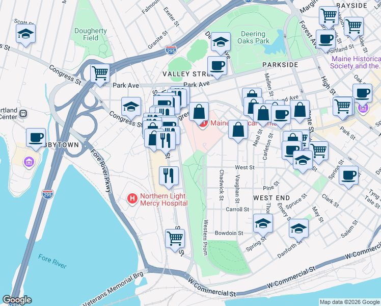 map of restaurants, bars, coffee shops, grocery stores, and more near 4 Bramhall Street in Portland