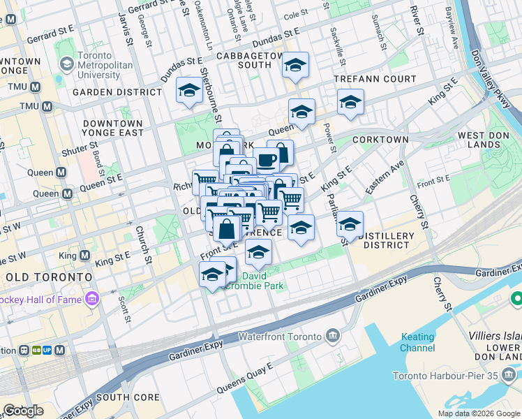 map of restaurants, bars, coffee shops, grocery stores, and more near 263 King Street East in Toronto