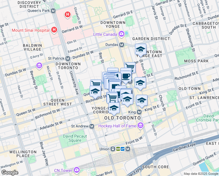 map of restaurants, bars, coffee shops, grocery stores, and more near 394 Bay Street in Toronto