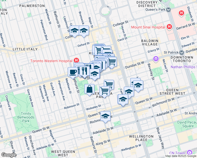 map of restaurants, bars, coffee shops, grocery stores, and more near in Toronto