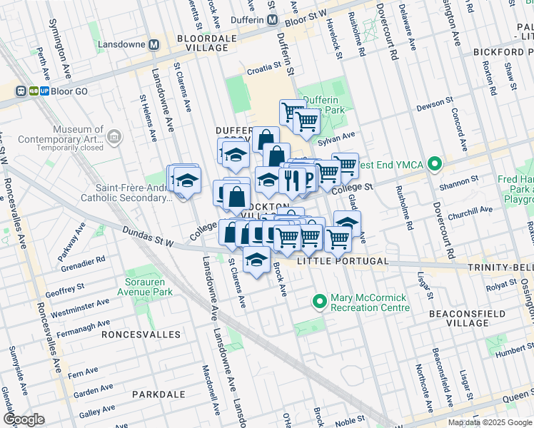 map of restaurants, bars, coffee shops, grocery stores, and more near in Toronto