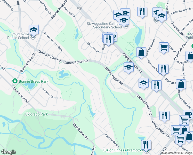map of restaurants, bars, coffee shops, grocery stores, and more near 11 Autumnwood Avenue in Brampton