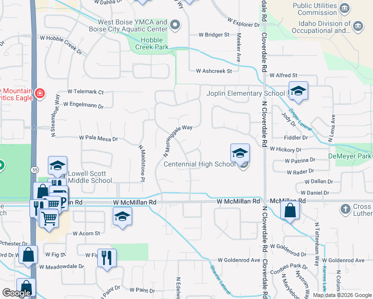 map of restaurants, bars, coffee shops, grocery stores, and more near 5157 North Brookmeadow Drive in Boise