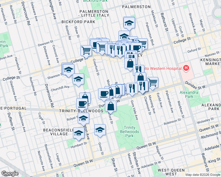 map of restaurants, bars, coffee shops, grocery stores, and more near 47 Montrose Avenue in Toronto