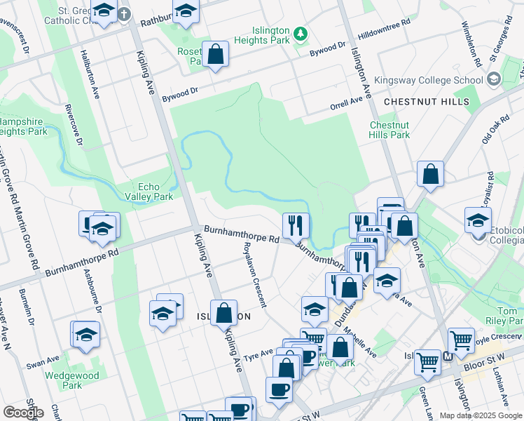 map of restaurants, bars, coffee shops, grocery stores, and more near 25 Burnhamthorpe Park Boulevard in Toronto