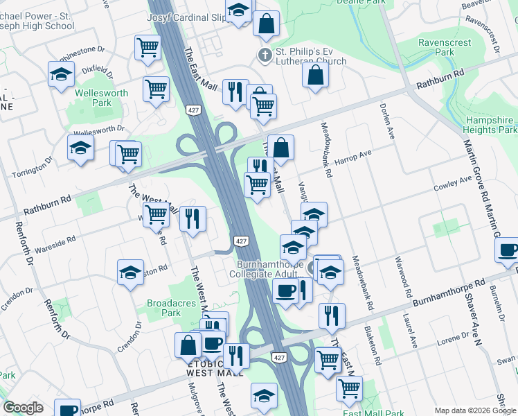 map of restaurants, bars, coffee shops, grocery stores, and more near 5 Capri Road in Toronto