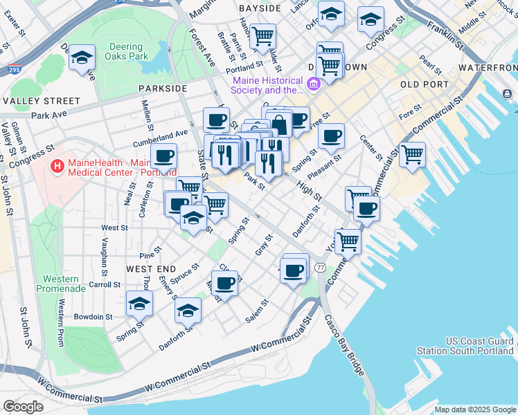 map of restaurants, bars, coffee shops, grocery stores, and more near 150 Spring Street in Portland