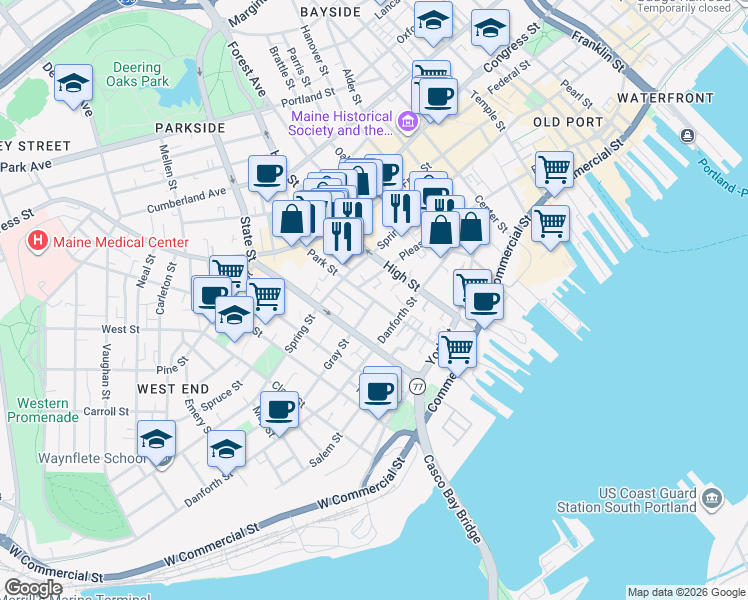 map of restaurants, bars, coffee shops, grocery stores, and more near Park St & Gray St in Portland