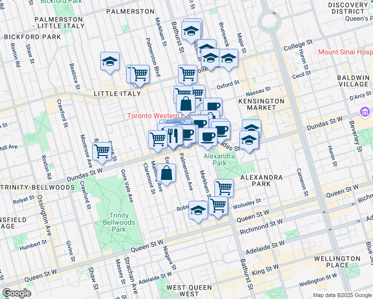 map of restaurants, bars, coffee shops, grocery stores, and more near 797 Dundas Street West in Toronto