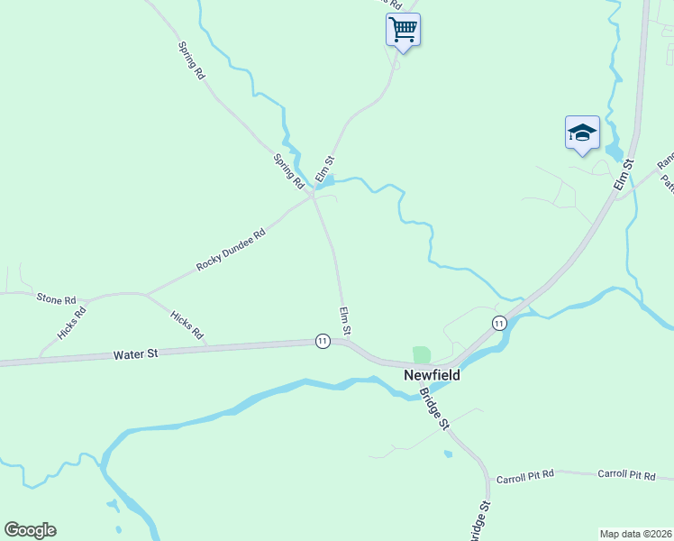 map of restaurants, bars, coffee shops, grocery stores, and more near Elm Street in Newfield