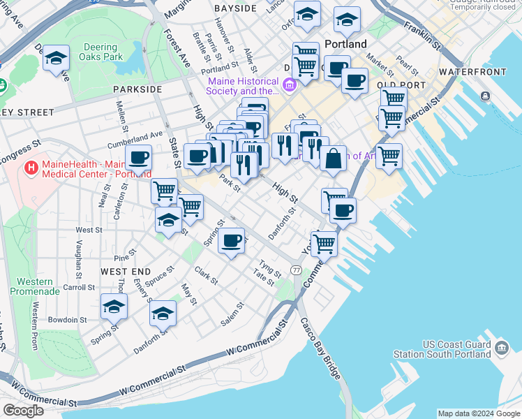 map of restaurants, bars, coffee shops, grocery stores, and more near 88 Park Street in Portland