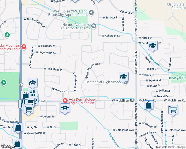 map of restaurants, bars, coffee shops, grocery stores, and more near 5157 North Brookmeadow Drive in Boise