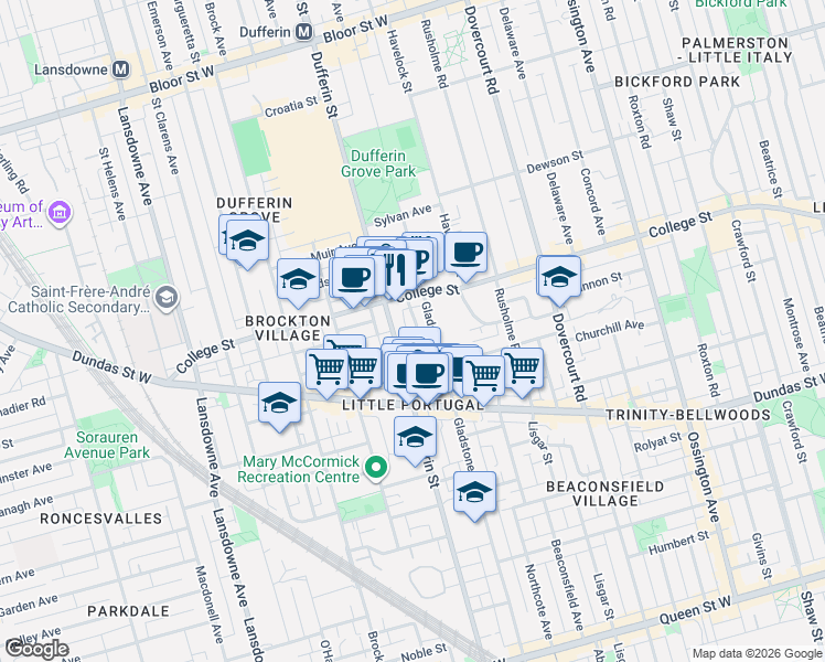 map of restaurants, bars, coffee shops, grocery stores, and more near 6 Macklem Avenue in Toronto