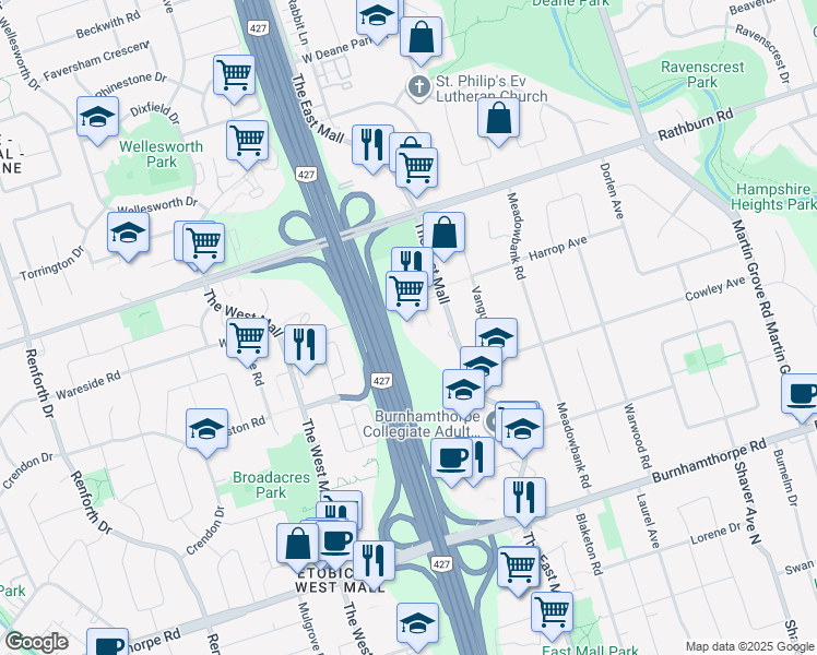 map of restaurants, bars, coffee shops, grocery stores, and more near 5 Capri Road in Toronto