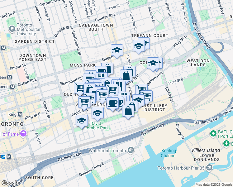 map of restaurants, bars, coffee shops, grocery stores, and more near 351 King Street East in Toronto