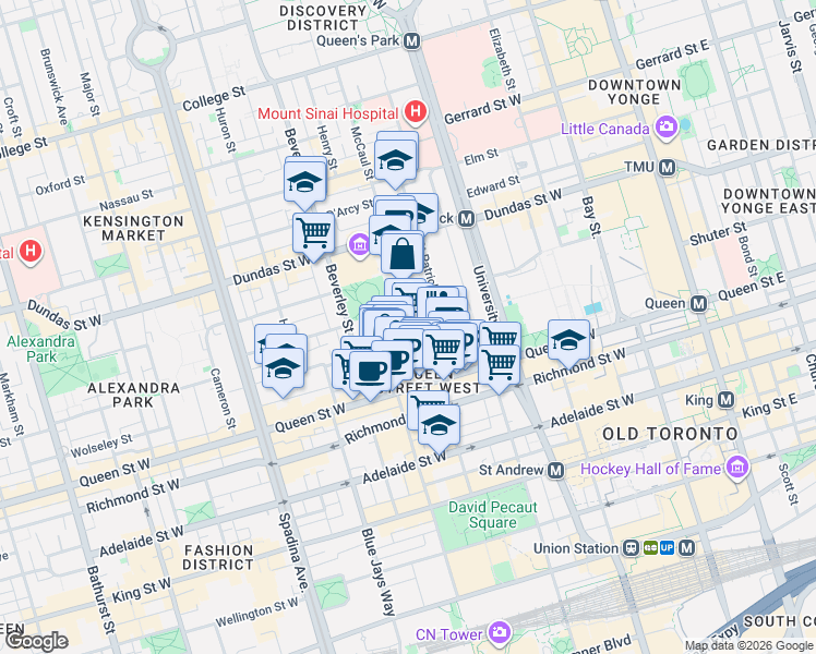 map of restaurants, bars, coffee shops, grocery stores, and more near 50 McCaul Street in Toronto