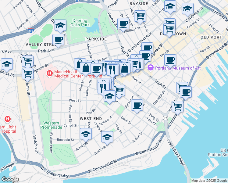 map of restaurants, bars, coffee shops, grocery stores, and more near 118 Winter Street in Portland