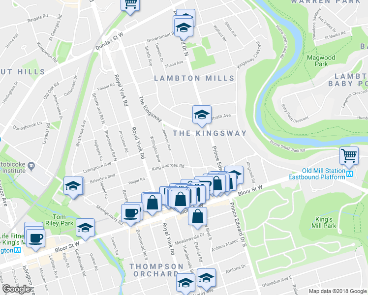 map of restaurants, bars, coffee shops, grocery stores, and more near 61 Grenview Boulevard North in Toronto