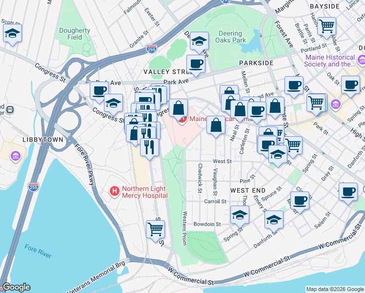 map of restaurants, bars, coffee shops, grocery stores, and more near 4 Bramhall Street in Portland