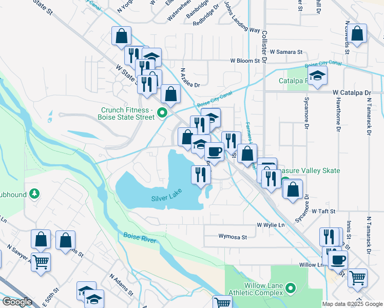 map of restaurants, bars, coffee shops, grocery stores, and more near 3098 North Lakeharbor Lane in Boise