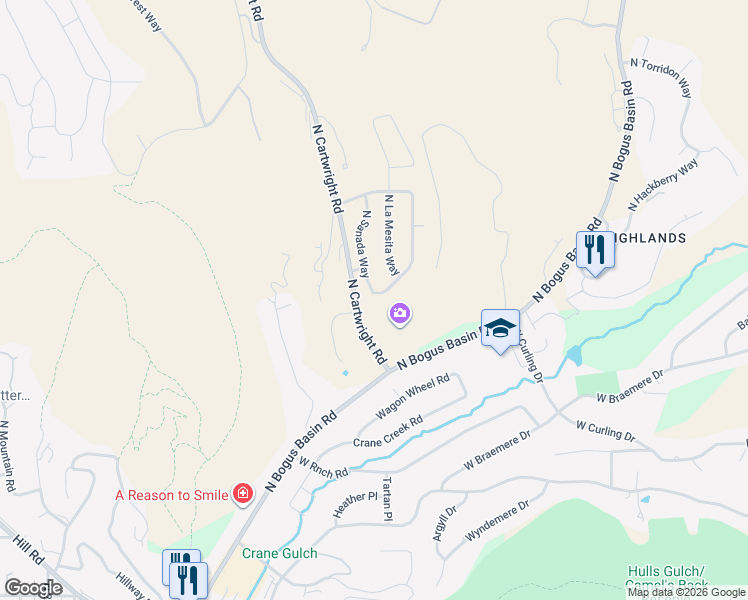 map of restaurants, bars, coffee shops, grocery stores, and more near 3538 La Fontana Way in Boise