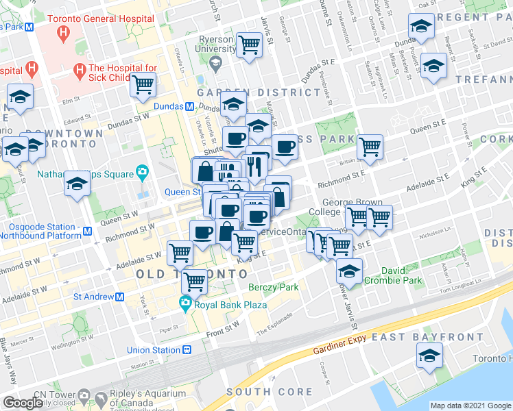 map of restaurants, bars, coffee shops, grocery stores, and more near 36 Lombard Street in Toronto