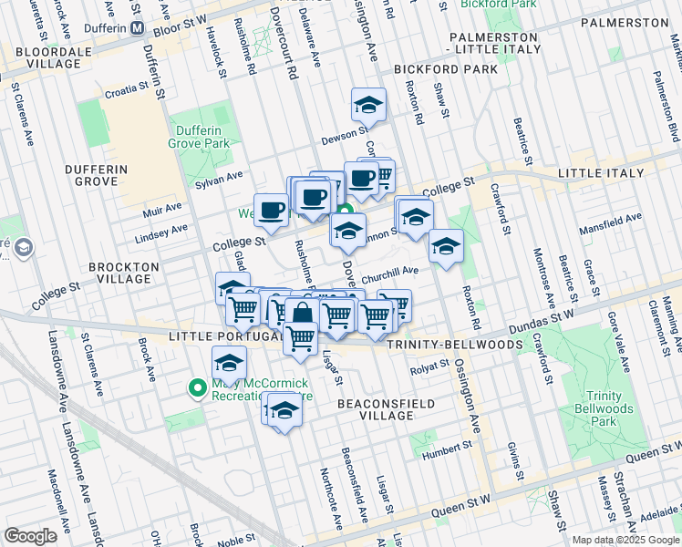 map of restaurants, bars, coffee shops, grocery stores, and more near 10 Saint Annes Road in Toronto