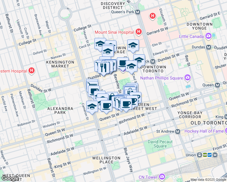 map of restaurants, bars, coffee shops, grocery stores, and more near 4 Sullivan Street in Toronto