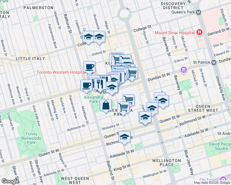 map of restaurants, bars, coffee shops, grocery stores, and more near 115 Denison Avenue in Toronto
