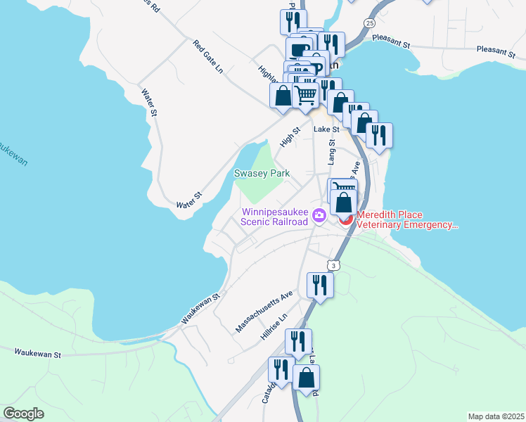 map of restaurants, bars, coffee shops, grocery stores, and more near 33 Waukewan Street in Meredith