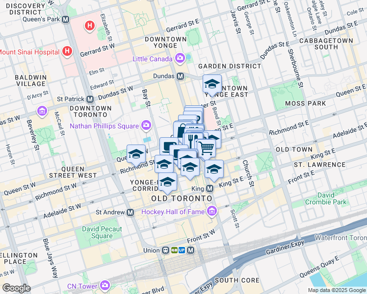 map of restaurants, bars, coffee shops, grocery stores, and more near 176 Yonge Street in Toronto