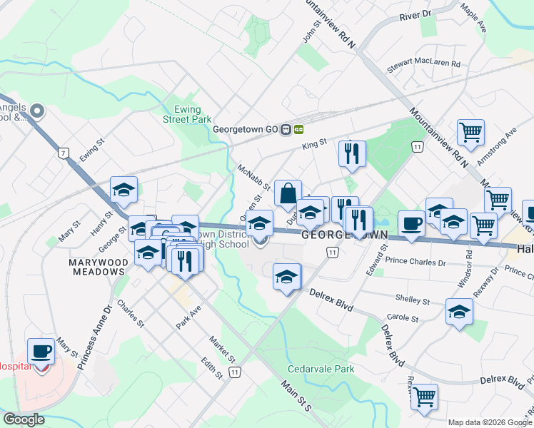 map of restaurants, bars, coffee shops, grocery stores, and more near 7 Albert Street in Halton Hills