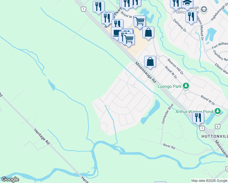 map of restaurants, bars, coffee shops, grocery stores, and more near 21 Midmorning Road in Brampton