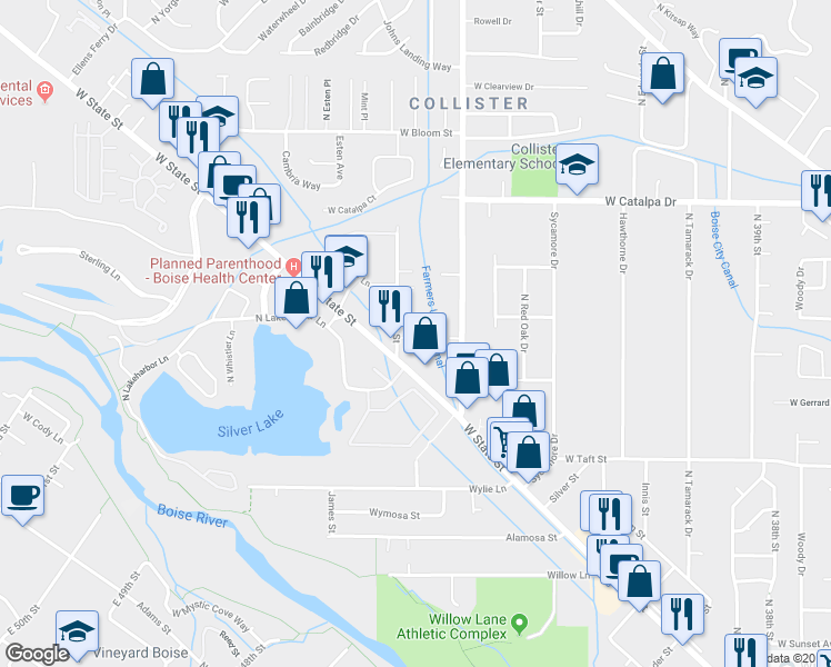 map of restaurants, bars, coffee shops, grocery stores, and more near 4959 West Station Lane in Boise