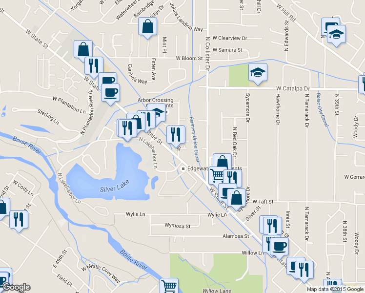 map of restaurants, bars, coffee shops, grocery stores, and more near 4959 West Station Lane in Boise