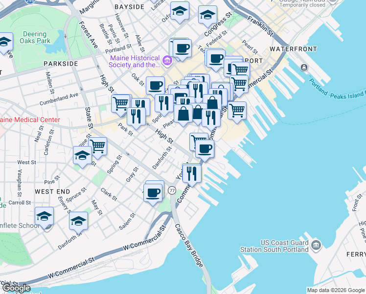 map of restaurants, bars, coffee shops, grocery stores, and more near 27 High Street in Portland