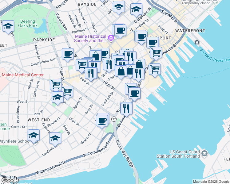 map of restaurants, bars, coffee shops, grocery stores, and more near 96 Danforth Street in Portland
