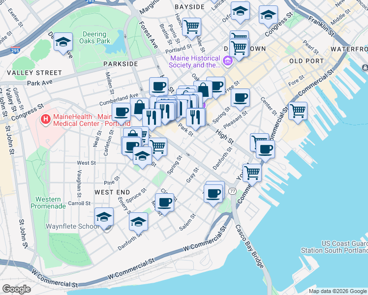 map of restaurants, bars, coffee shops, grocery stores, and more near 144 State Street in Portland