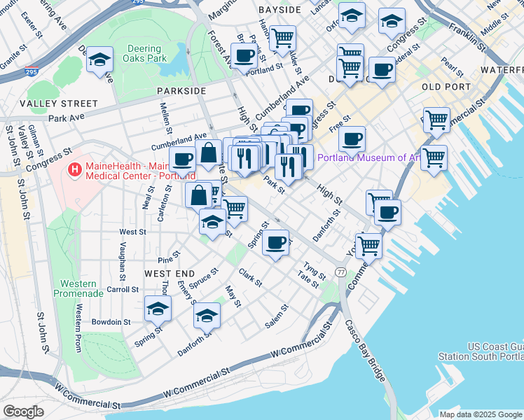 map of restaurants, bars, coffee shops, grocery stores, and more near 144 State Street in Portland