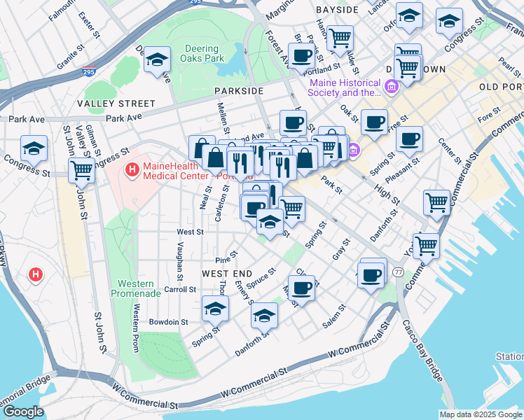 map of restaurants, bars, coffee shops, grocery stores, and more near 183 Brackett Street in Portland