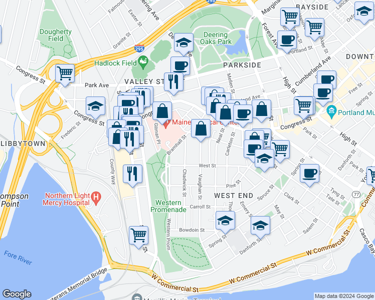 map of restaurants, bars, coffee shops, grocery stores, and more near 132 Chadwick Street in Portland