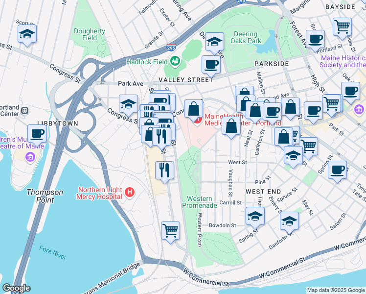 map of restaurants, bars, coffee shops, grocery stores, and more near 221 Valley Street in Portland