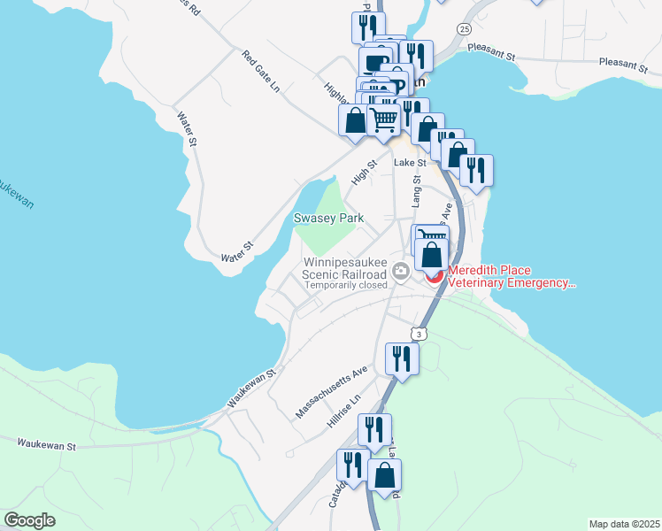 map of restaurants, bars, coffee shops, grocery stores, and more near 33 Waukewan Street in Meredith