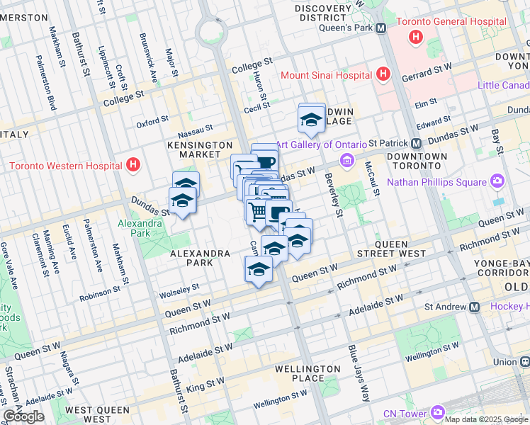 map of restaurants, bars, coffee shops, grocery stores, and more near Spadina Avenue in Toronto