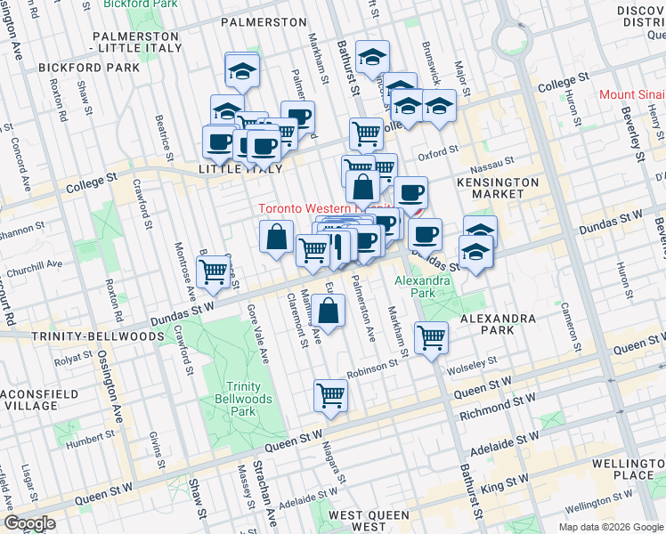 map of restaurants, bars, coffee shops, grocery stores, and more near in Toronto