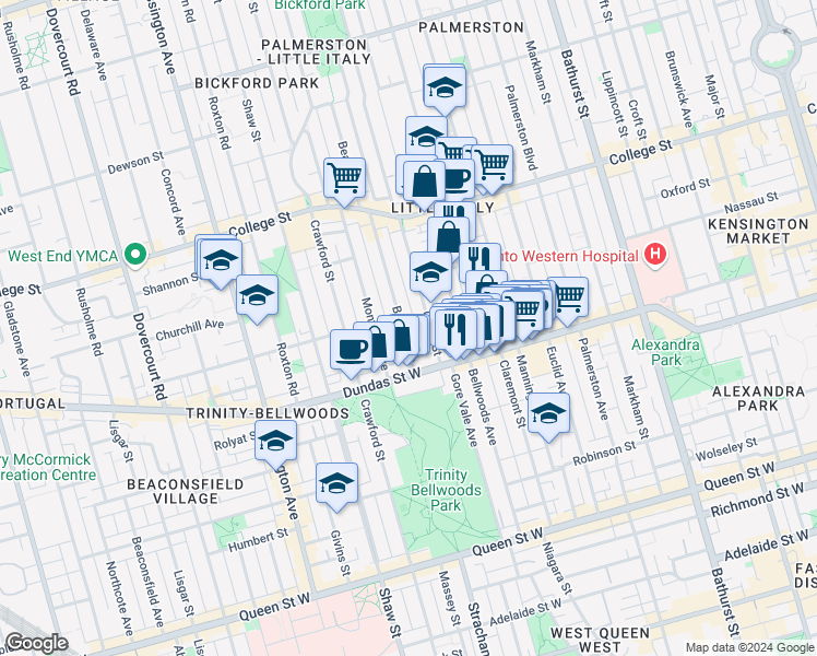 map of restaurants, bars, coffee shops, grocery stores, and more near in Toronto