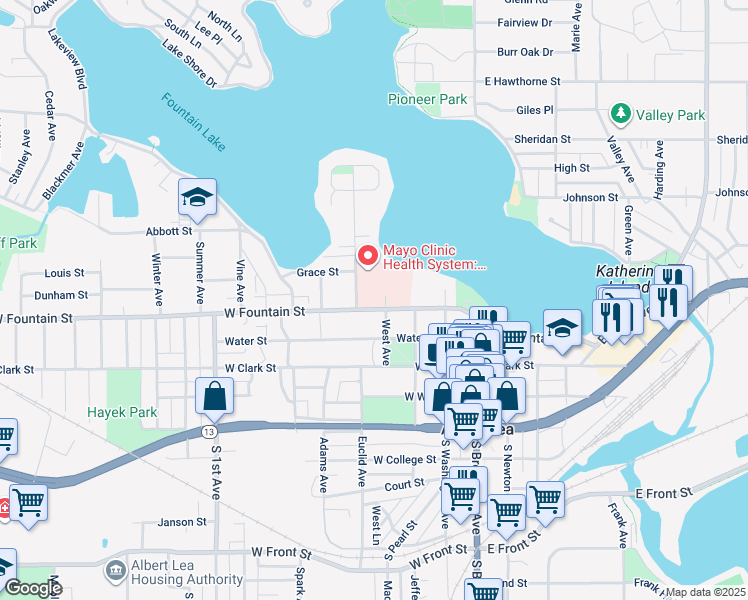 map of restaurants, bars, coffee shops, grocery stores, and more near 408 West Fountain Street in Albert Lea