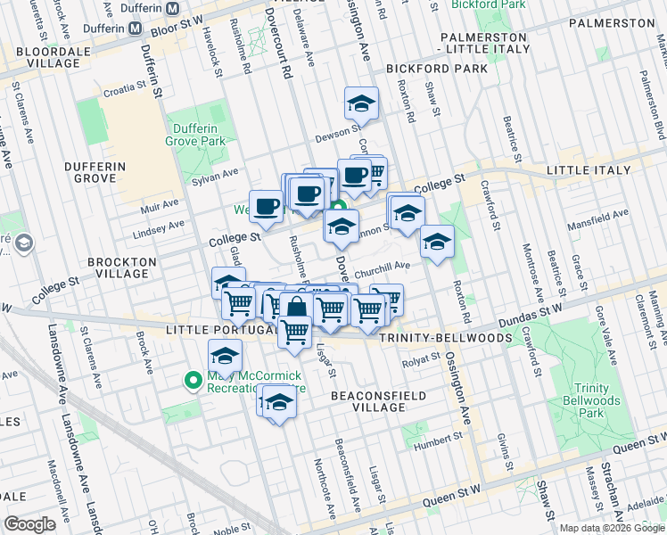map of restaurants, bars, coffee shops, grocery stores, and more near in Toronto
